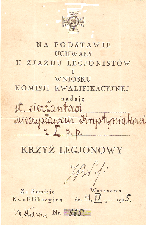 Krzyż Legionowy Mieczysława Krystyniaka