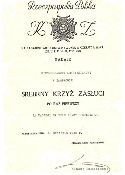 Srebrny Krzyż zasługi Mieczysława Krystyniaka