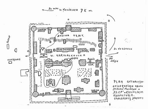 Plan obozu w Kozielsku sporządzony przez por. rez. inż. Stefana Bierzyńskiego i znaleziony w jego kieszeni podczas ekshumacji w 1943 r.).